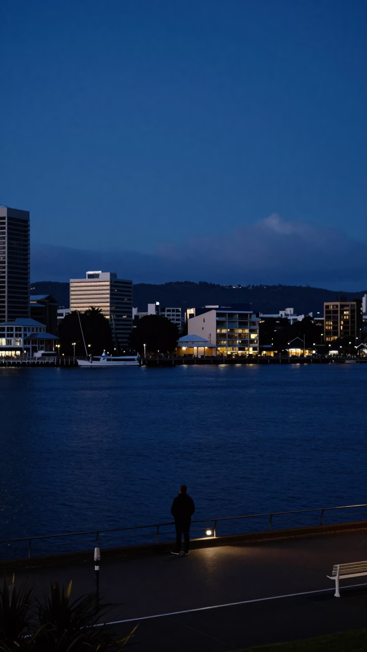 Waterfront Scene in Hobart at The Predawn Darkness Light in in Hobart, Tasmania, Australia