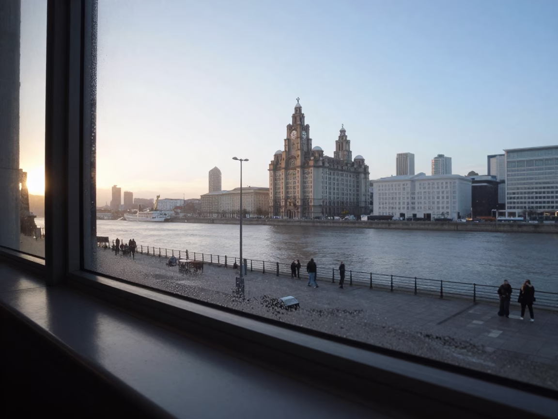 Waterfront Scene in Liverpool at The Early Morning Light in in Liverpool, United Kingdom