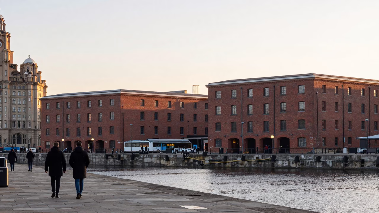 Waterfront Sunrise just after sunrise in Liverpool in in Liverpool, United Kingdom