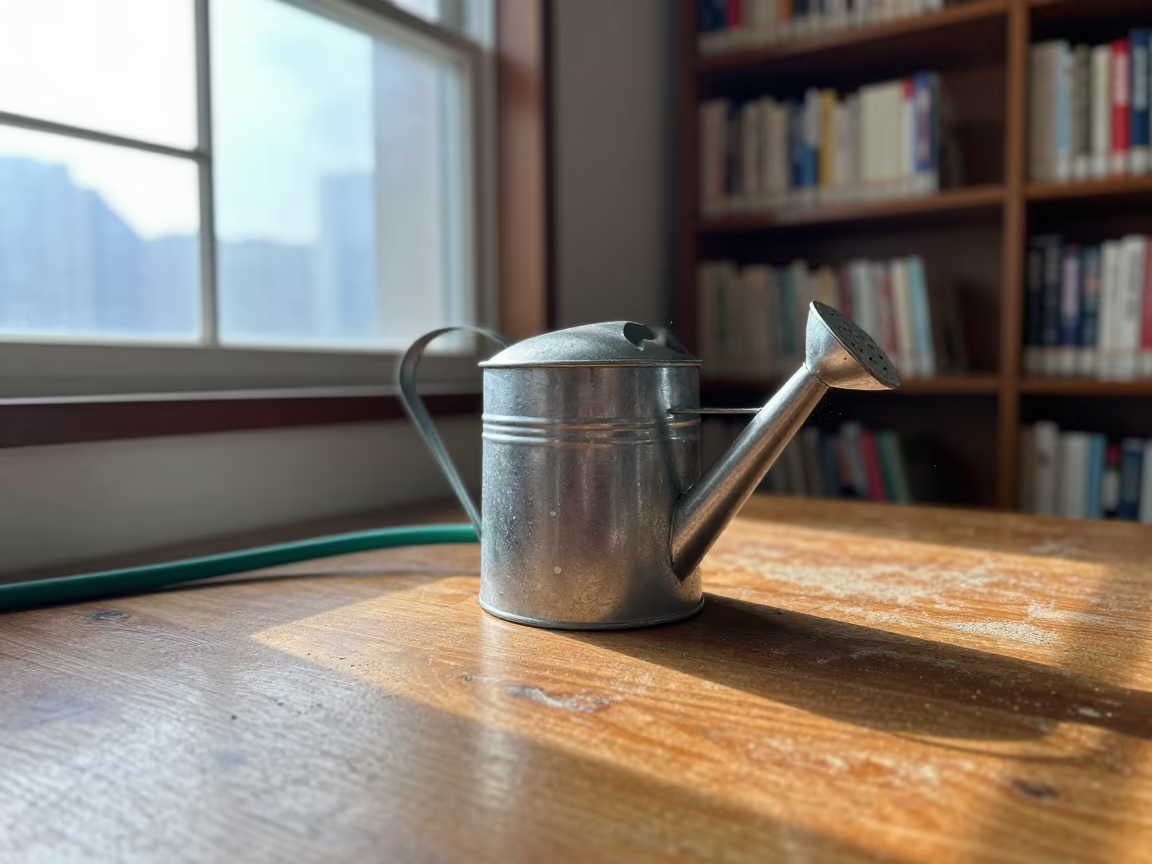 Watering Cart on Dusty Library Table Hong Kong in on a dusty library table in Hong Kong