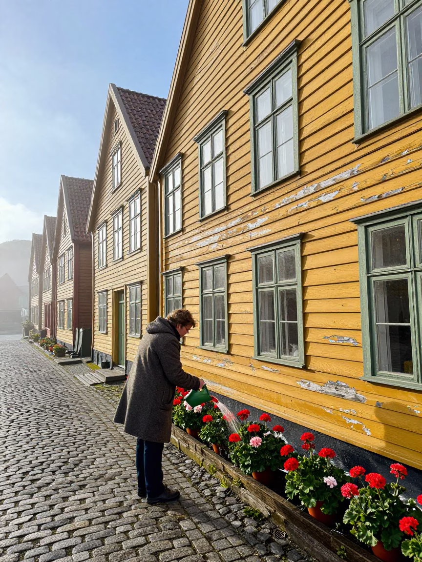 Watering Geraniums in Bergen in in Bergen, Norway