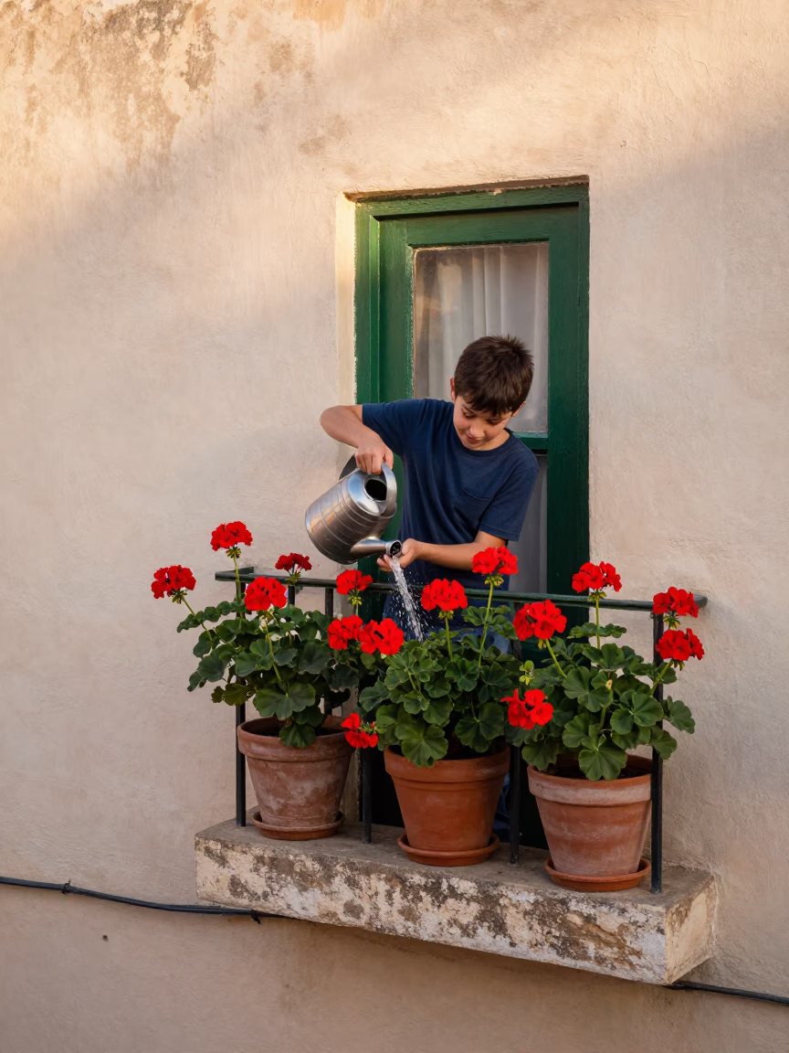 Watering Geraniums in Casablanca in in Casablanca, Morocco