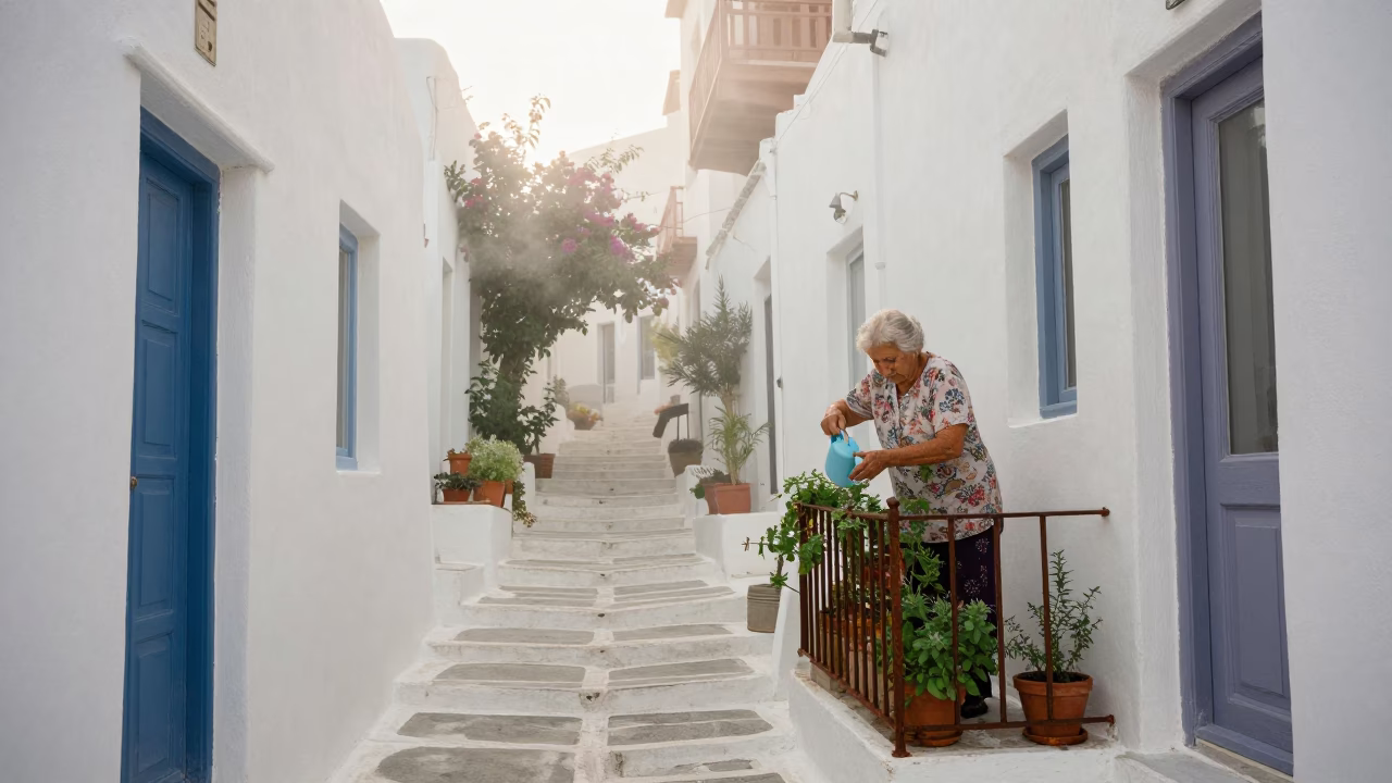 Watering Herbs in Athens in in Athens, Greece