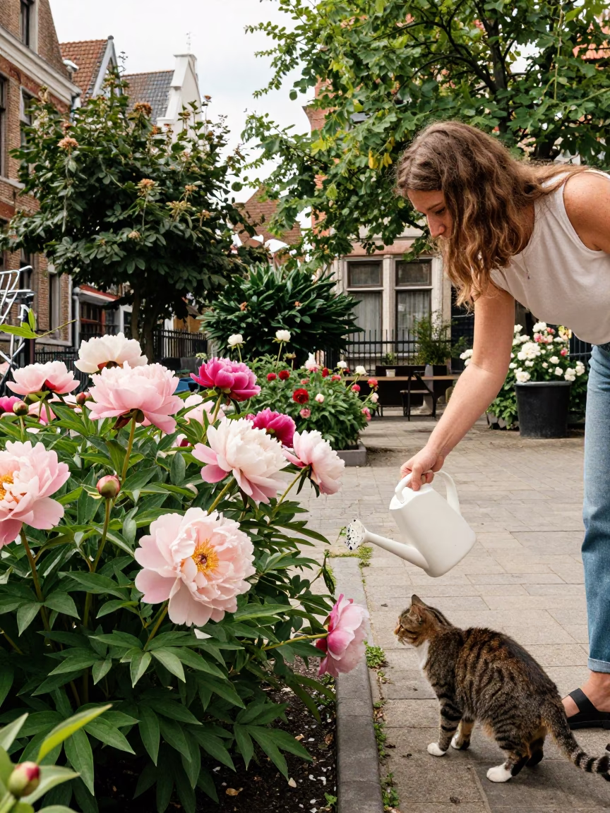 Watering Peonies in Brussels in in Brussels, Belgium