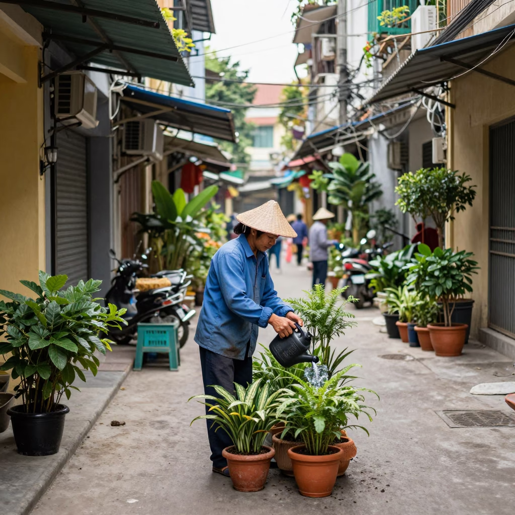 Watering Plants in Hanoi in in Hanoi, Vietnam