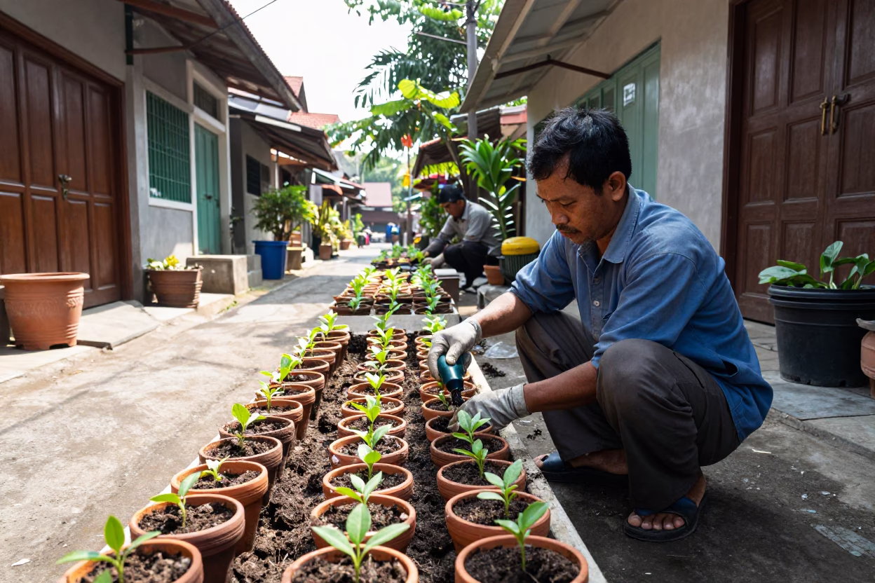 Watering Seedlings in Yogyakarta in in Yogyakarta, Indonesia