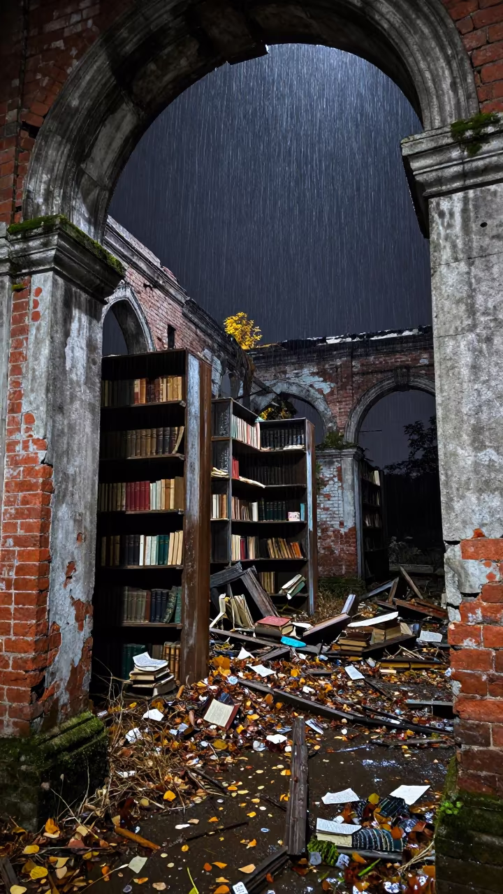 Waterlogged Books in Abandoned Library Ruins in among collapsed cloisters near Patna