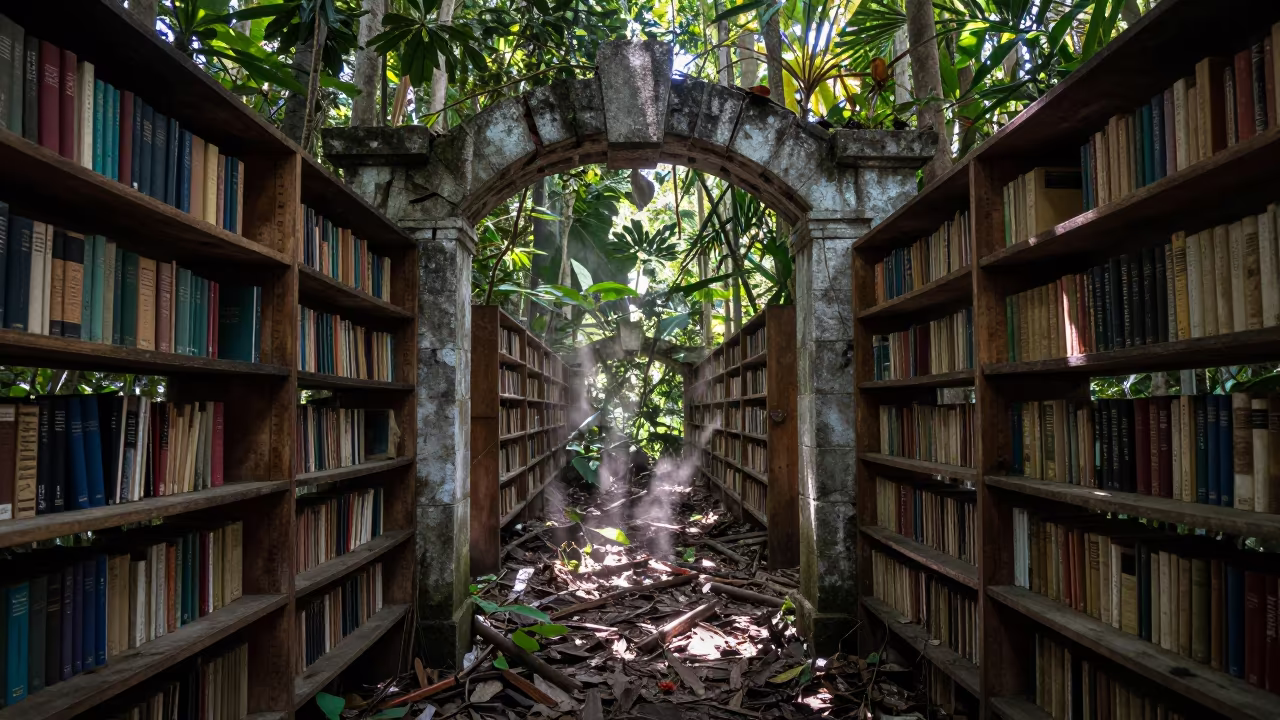 Waterlogged Books Under Stone Arch in Amazon Rainforest in beneath a broken stone arch in Amazonas