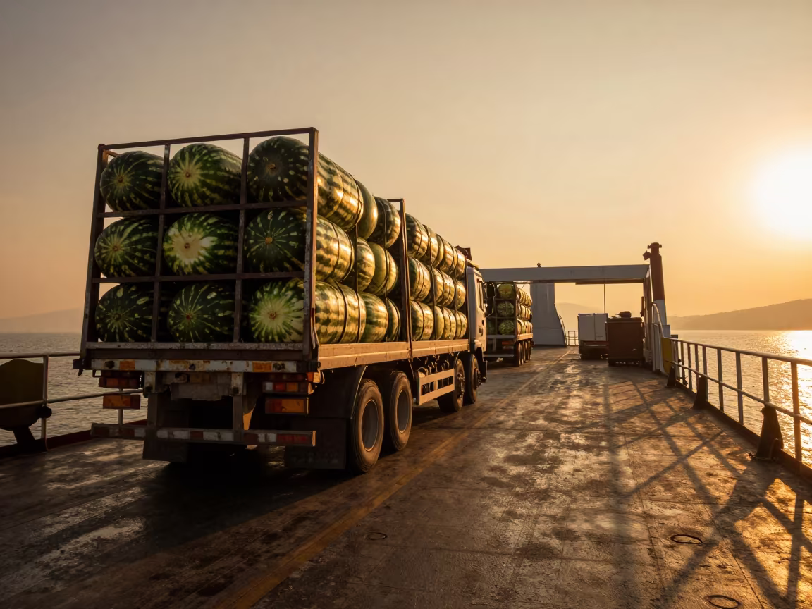 Watermelon Truck on Ferry at Sunset in across a remote ferry crossing near Denizli