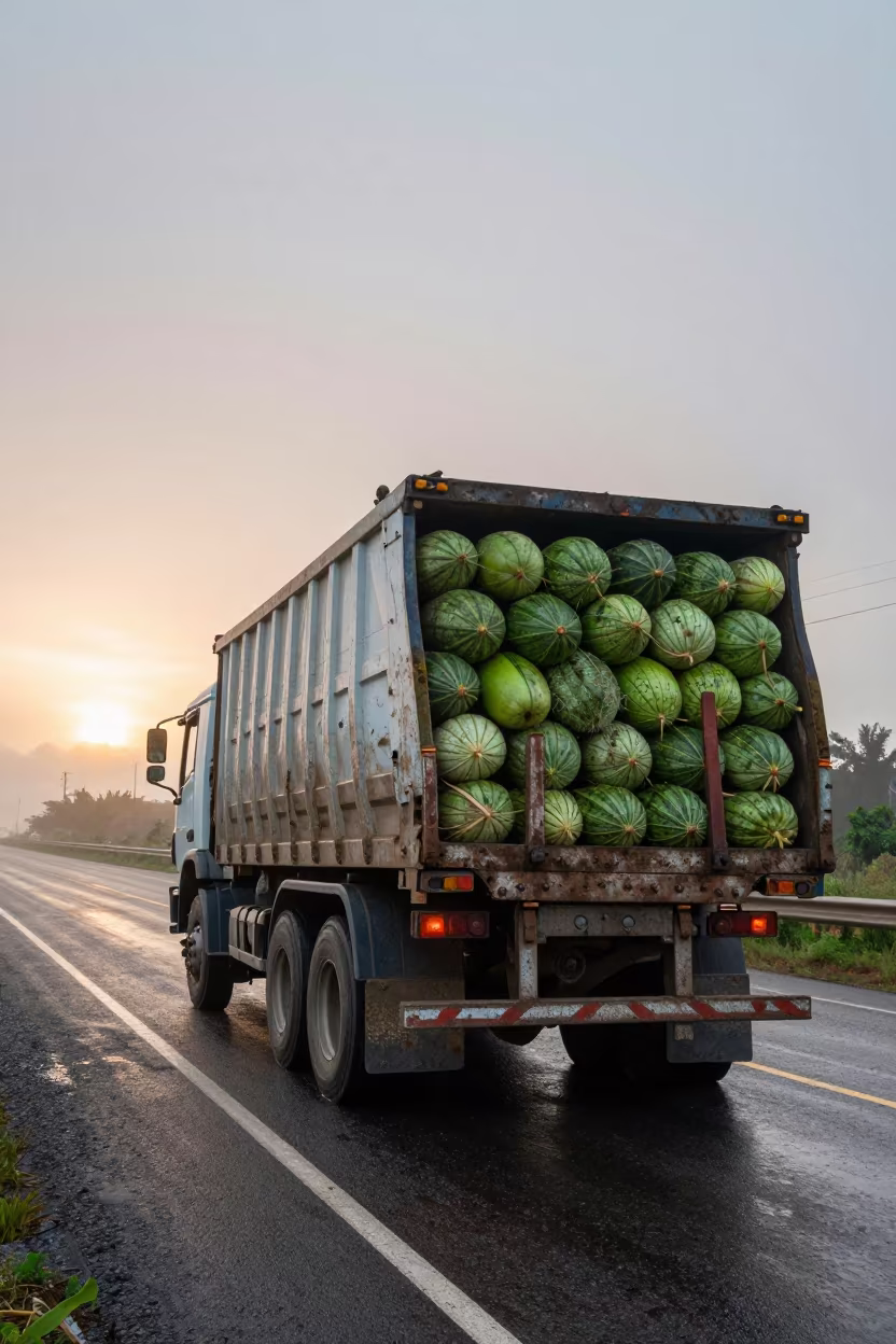 Watermelon Truck at Foggy Bolivian Harbor Sunset in beside a fogbound harbor mouth in Bolivia