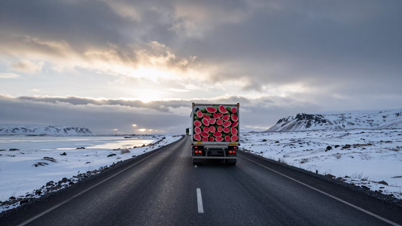 Watermelon Truck on Icelandic Winter Highway in in Iceland