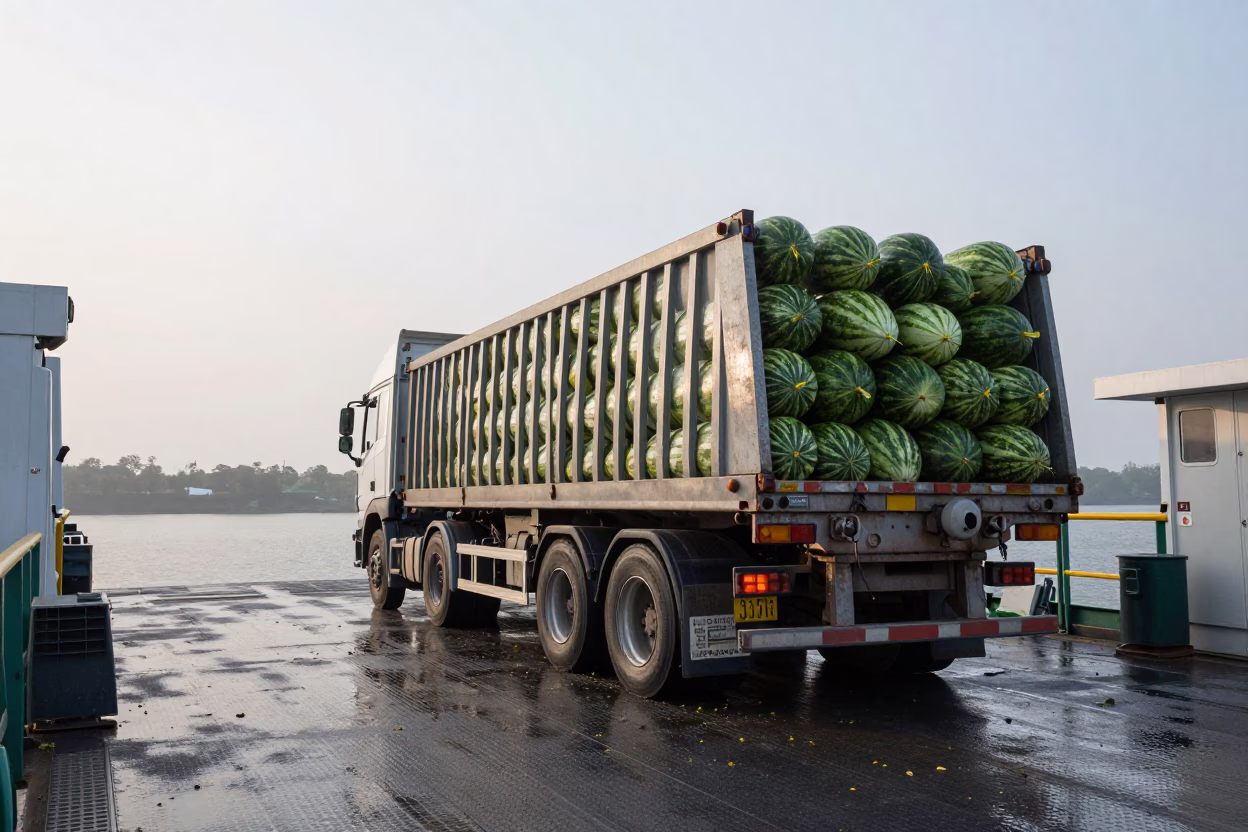 Watermelon Truck on Remote Ferry Crossing in across a remote ferry crossing near Birmingham