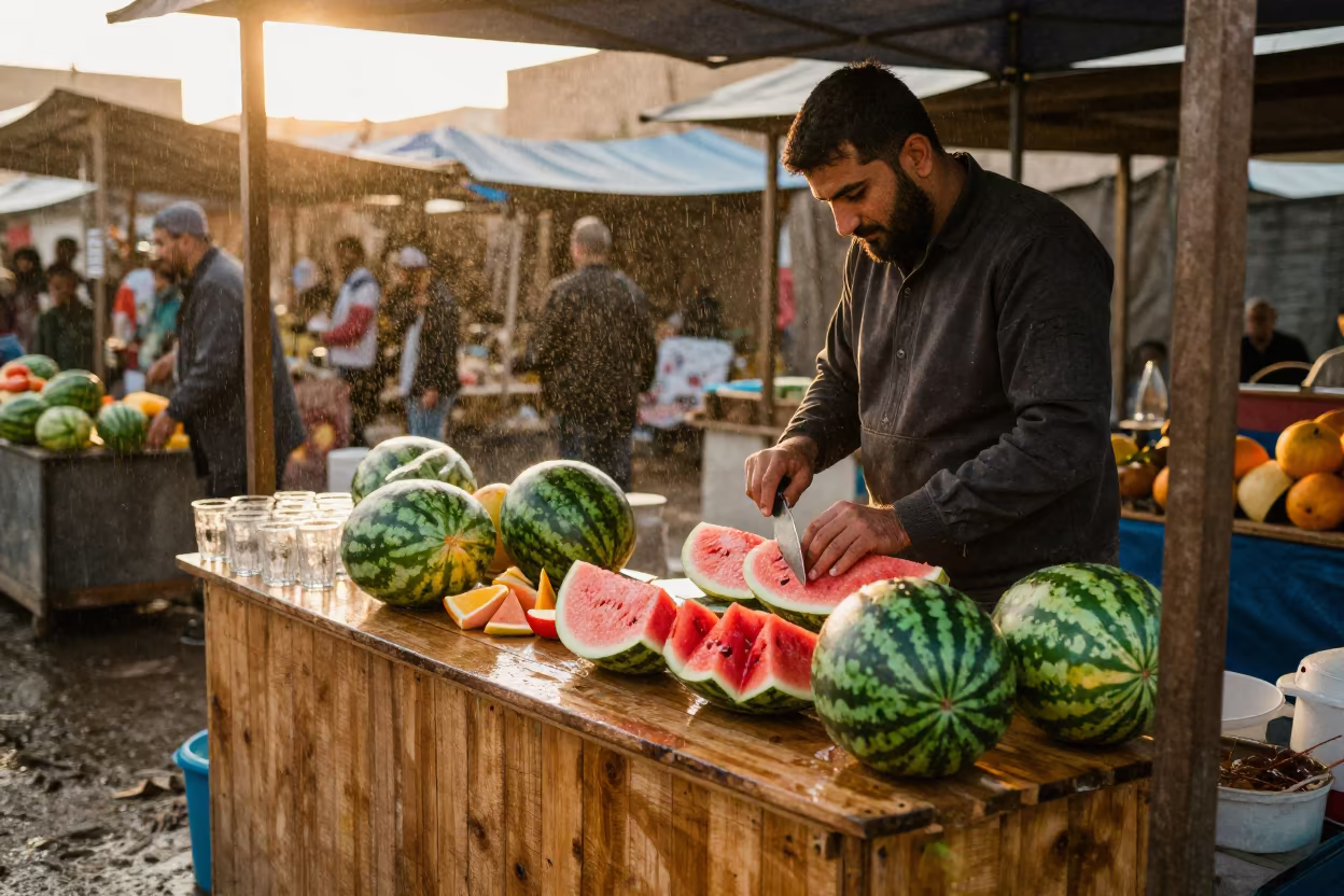 Watermelon Vendor Slicing Fruit at Duhok Market Stall in at a market stall in Duhok