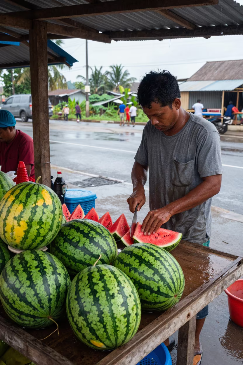 Watermelon Vendor Slicing Fruit at Myeik Market in at a roadside fruit stand in Myeik