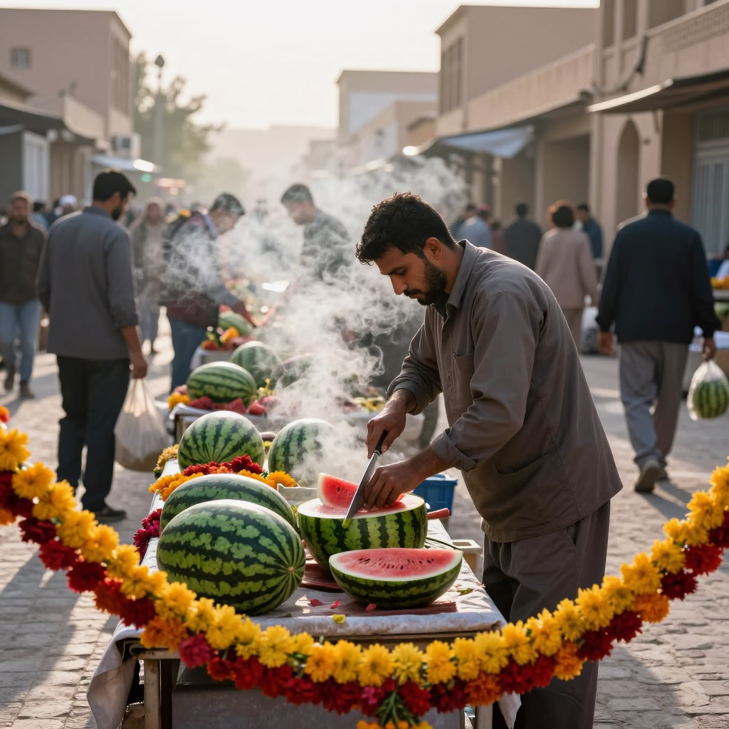 Watermelon Vendor Slicing Fruit at Yazd Flower Auction in at a flower auction bench in Yazd