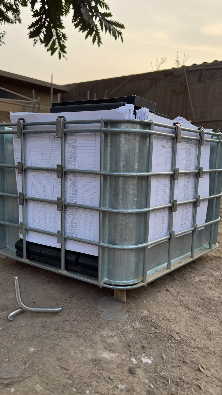 Waterproofing Crate Under Dappled Light in Khartoum in inside a taped-off excavation edge in Khartoum