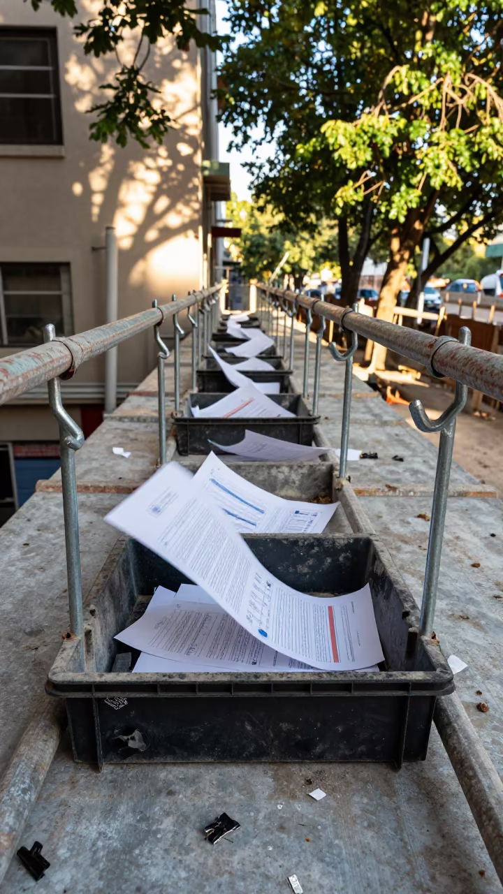 Waterproofing Crate on Scaffold with Paper Prints in along a scaffolded facade near Tonalá