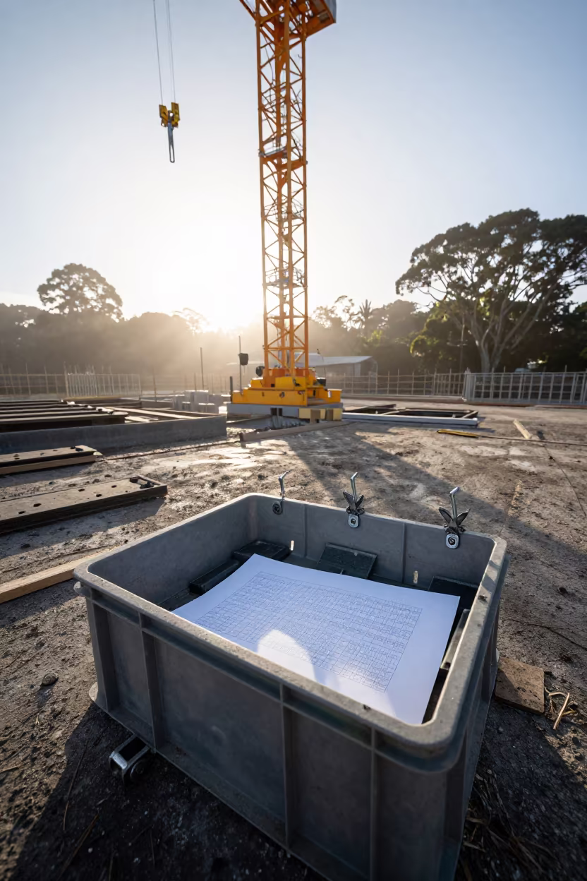 Waterproofing Crate Under Tower Crane in New Zealand in beneath a tower crane on open ground in New Zealand