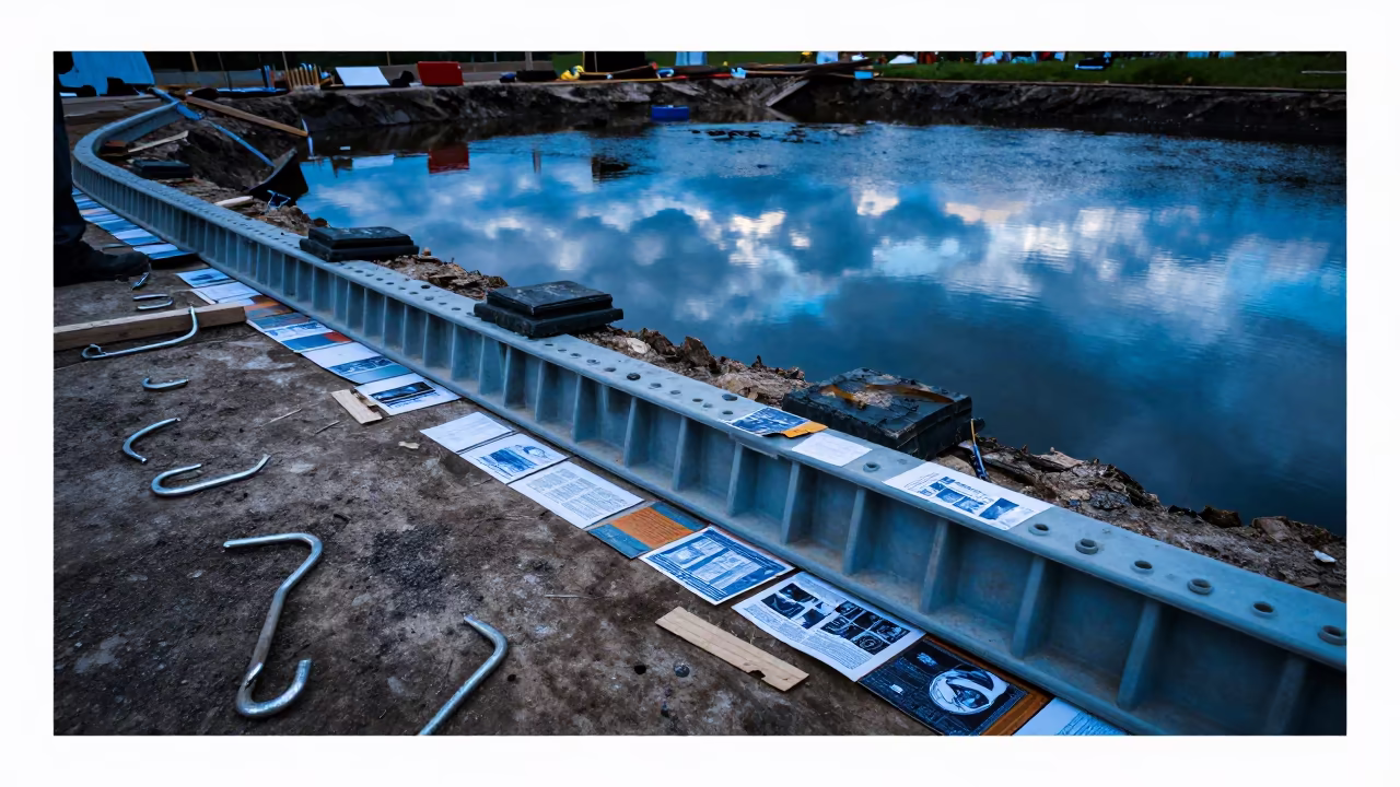 Waterproofing Termination Bar Crate in Evening Site Light in inside a taped-off excavation edge in Ecuador