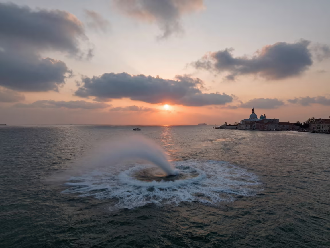 Waterspout Over Ocean at Sunset in beneath fast-moving cloud bands near Venice