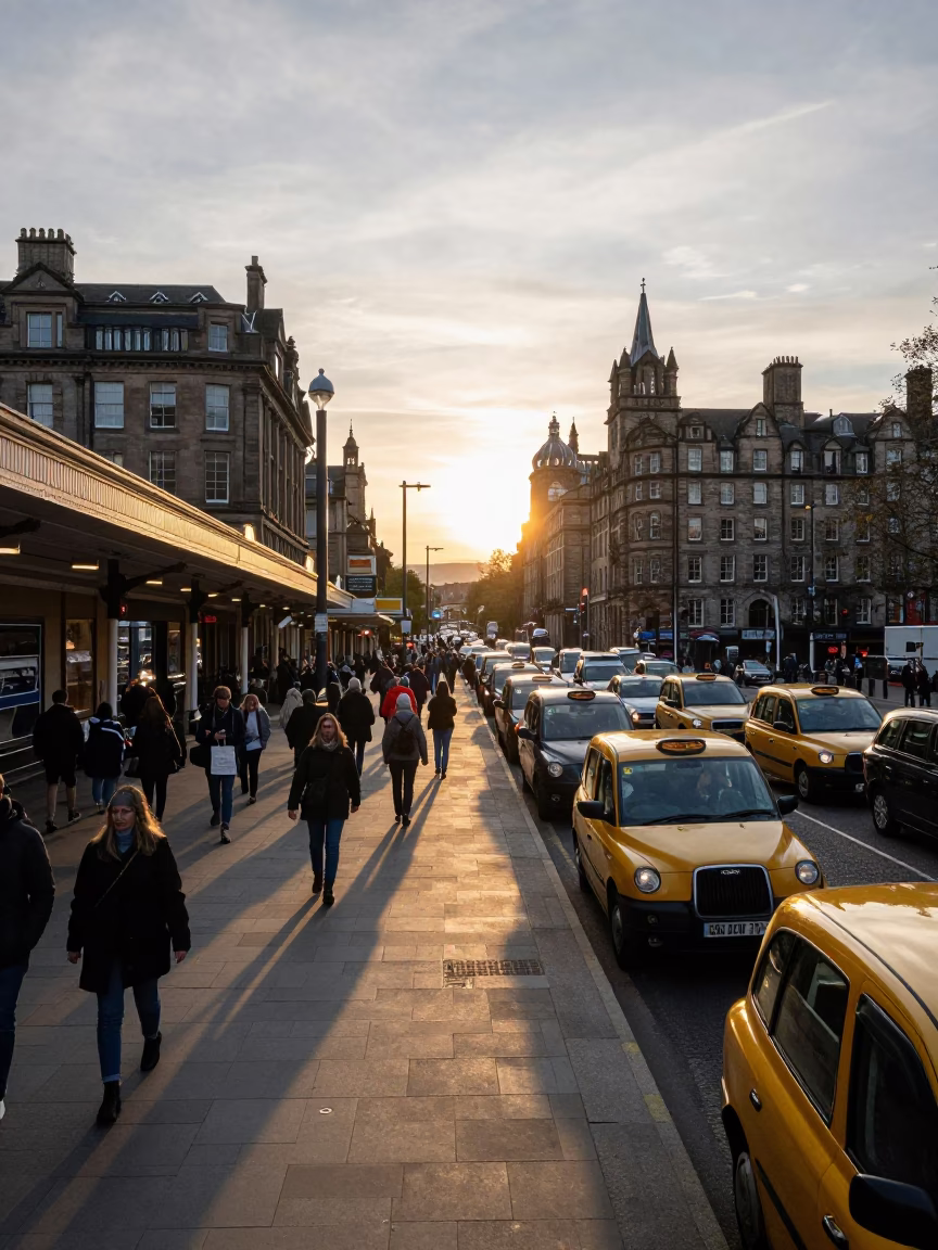 Waverley Station in Edinburgh at As The Sun Drops Toward The Horizon in in Edinburgh, United Kingdom