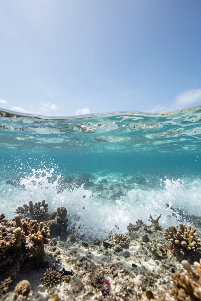 Waves Breaking on Zanzibar Reef Ledge in beneath a reef ledge in tropical shallows near Zanzibar