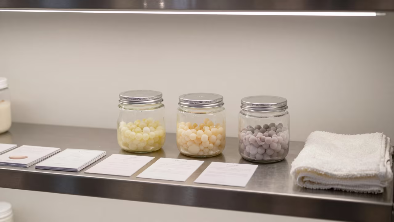 Wax Bead Scoop Jar on Brushed Steel Counter in in a beauty supply area under white LEDs in Zhangjiajie