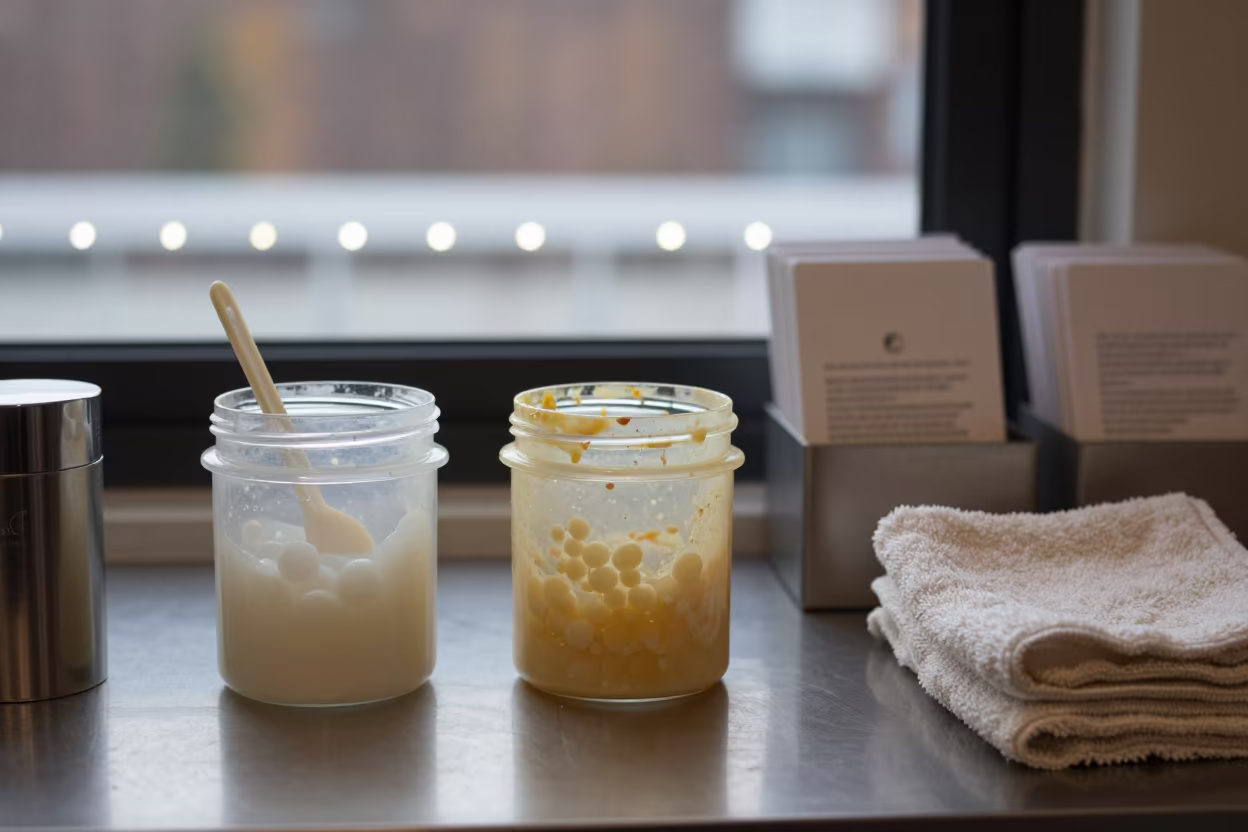 Wax Bead Scoop Jar Under Cool Morning Light in in a beauty supply area under white LEDs near Seoul