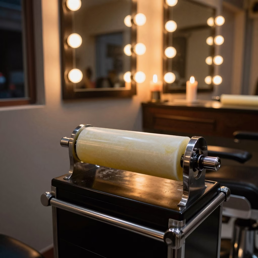 Wax Collar Holder on Barber Station in at a barber station beneath mirror bulbs in Visakhapatnam