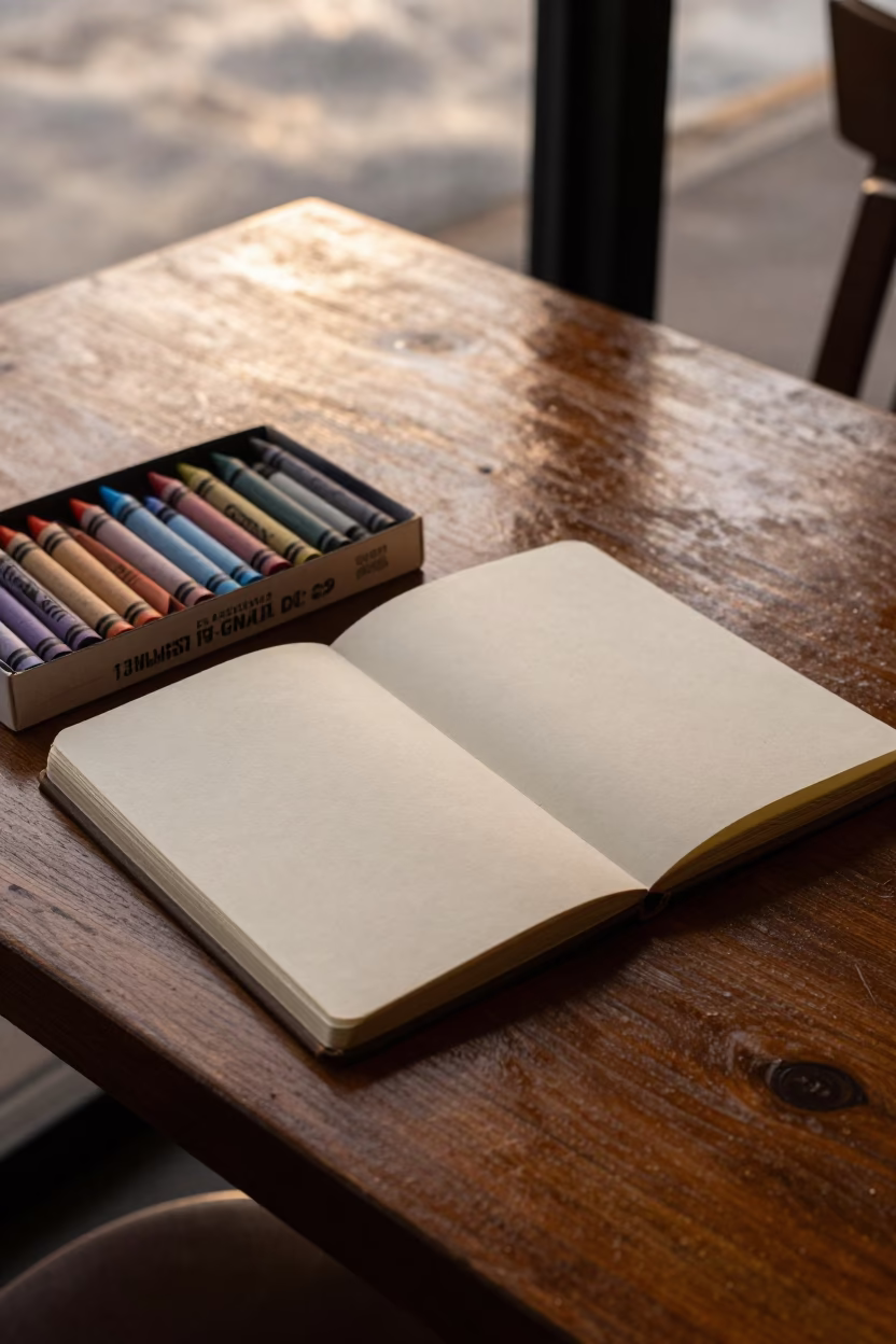 Wax Crayons and Sketchbook on Recife Cafe Table in on a cafe table by a window in Recife