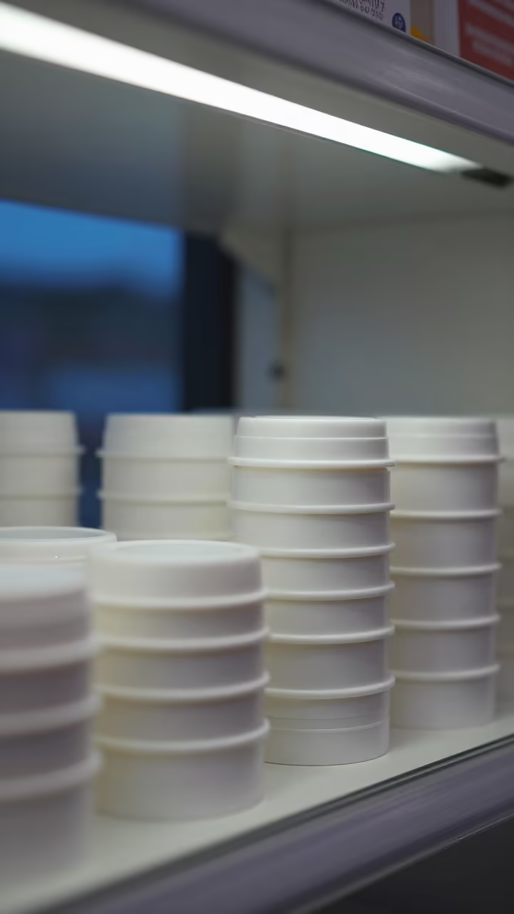 Wax Pot Lid Shelf Under White LEDs at Blue Hour in in a beauty supply area under white LEDs in Zapopan