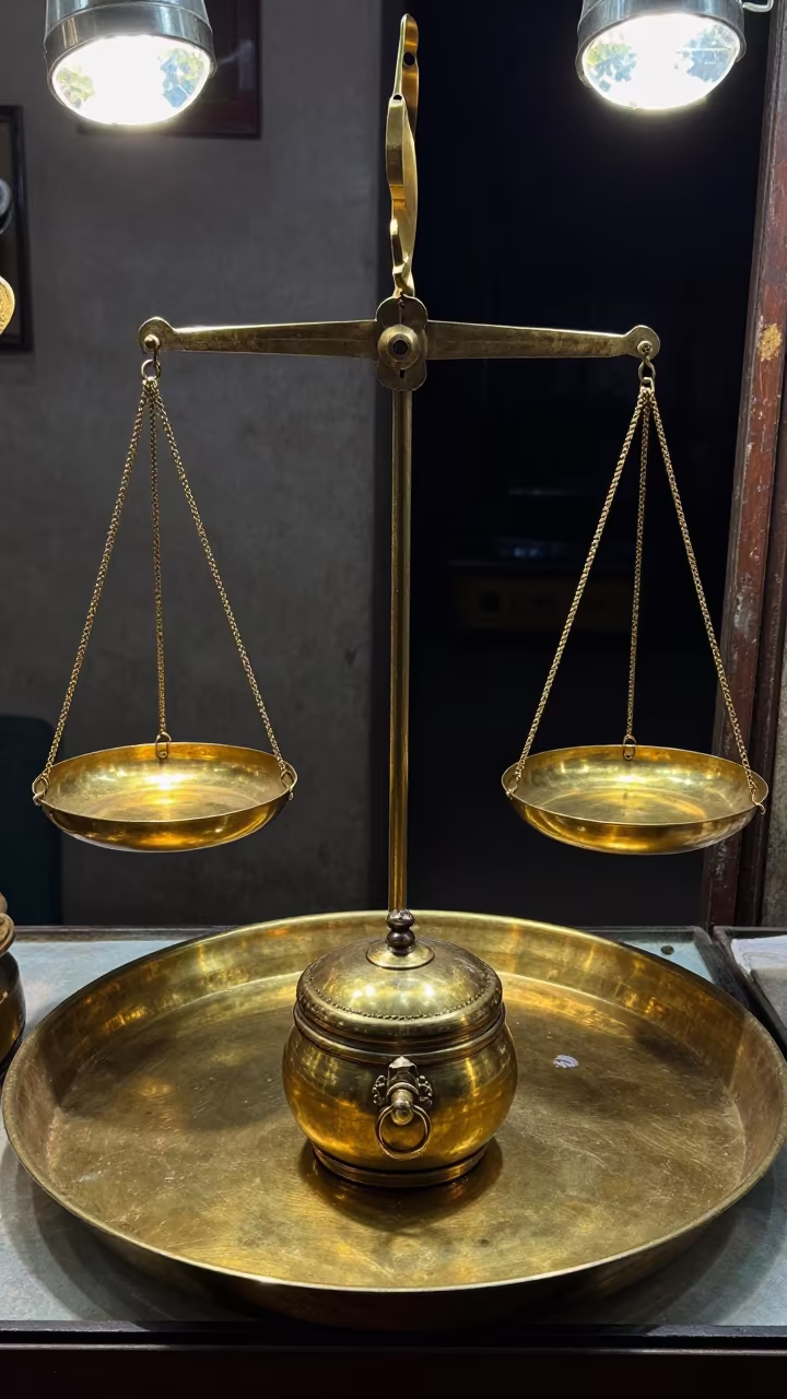 Wax Pot Ring Box in Lahore Jeweler Stall in inside a jeweler's stall with brass scales and trays in Lahore