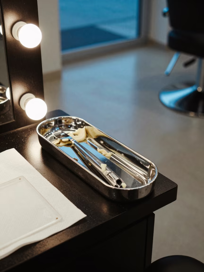Wax Residue on Barber Tray Under Twilight Light in at a barber station beneath mirror bulbs near Bonon