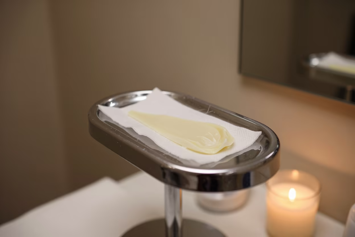 Wax Residue on Chrome Tray in St Petersburg Room in inside a skincare treatment room in St Petersburg