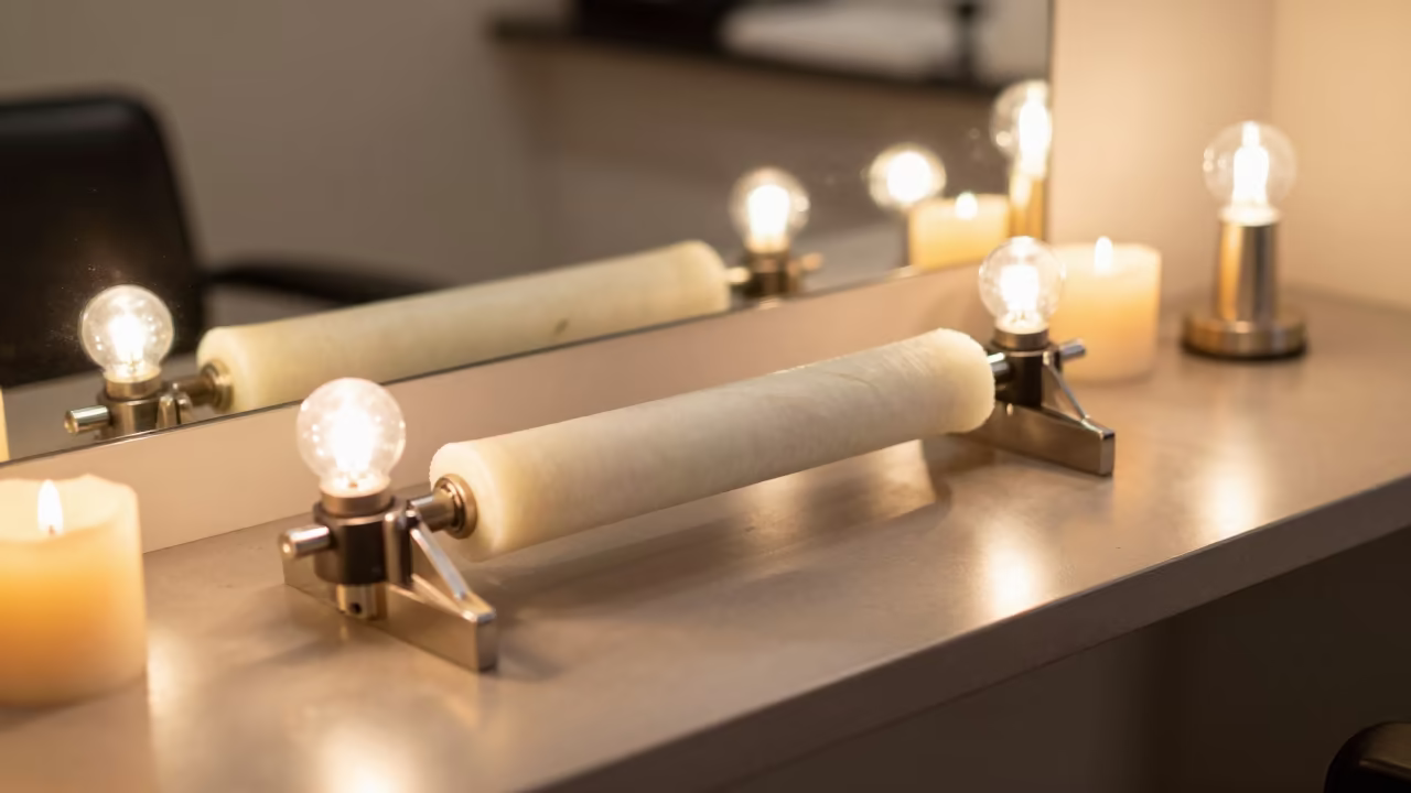 Wax Roll Holder at Albuquerque Barber Station in at a barber station beneath mirror bulbs in Albuquerque