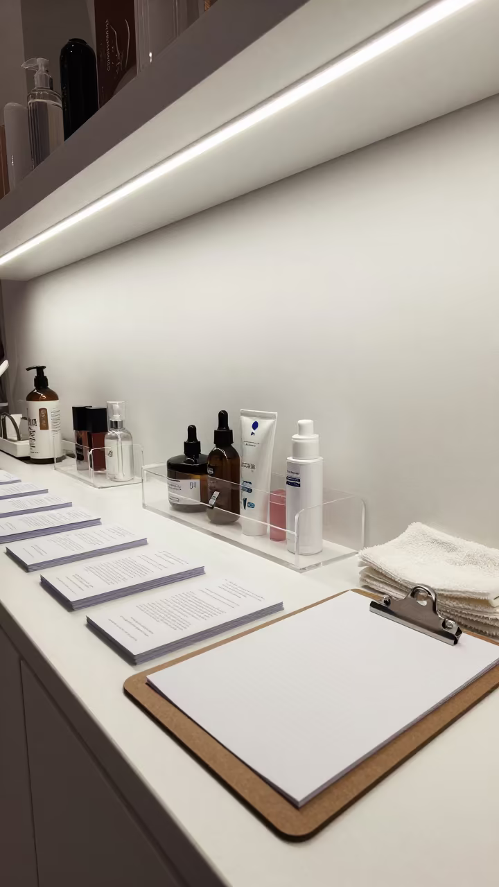 Wax Room Clipboard Under Mirror Light in in a beauty supply area under white LEDs in Heraklion