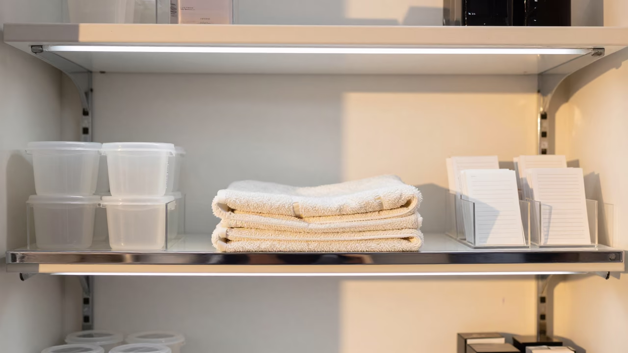 Wax Room Drape Shelf in Jeddah Beauty Supply in in a beauty supply area under white LEDs in Jeddah