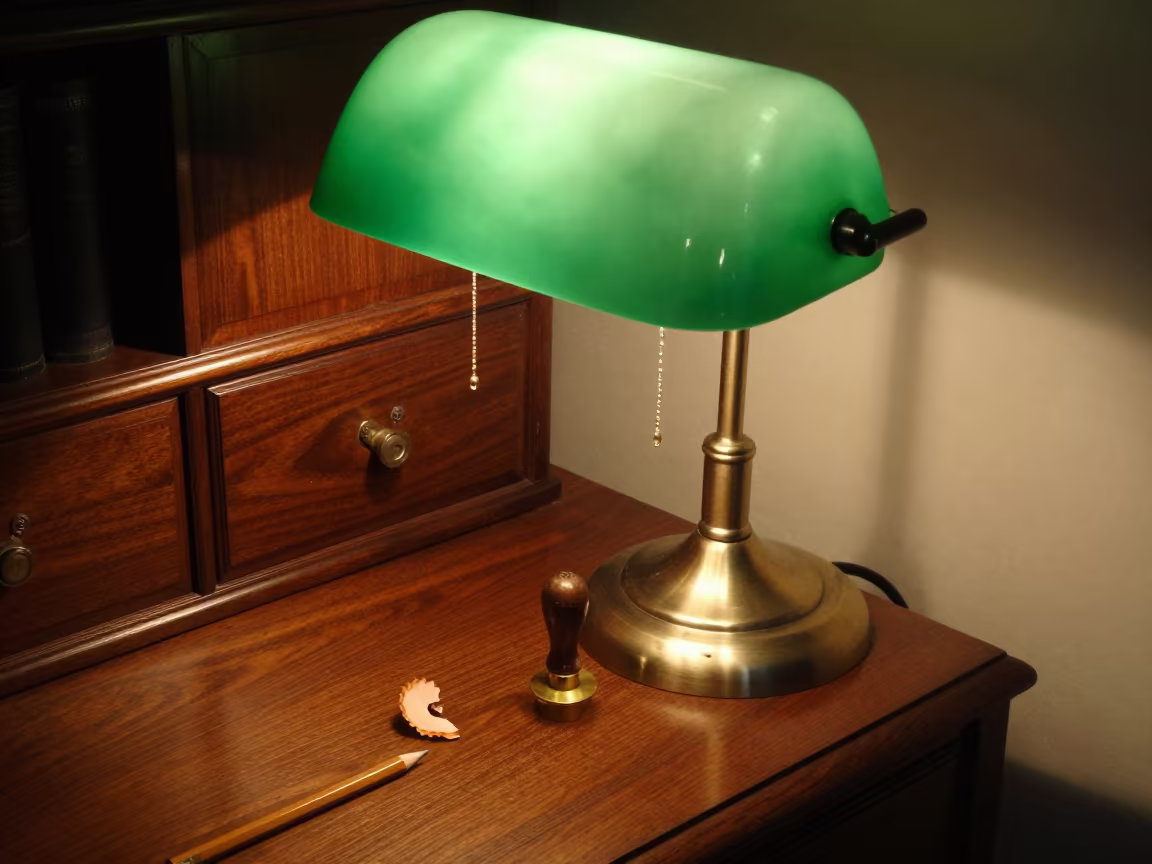 Wax Seal Stamp on Walnut Desk at Night in on a wooden workbench near Lisbon