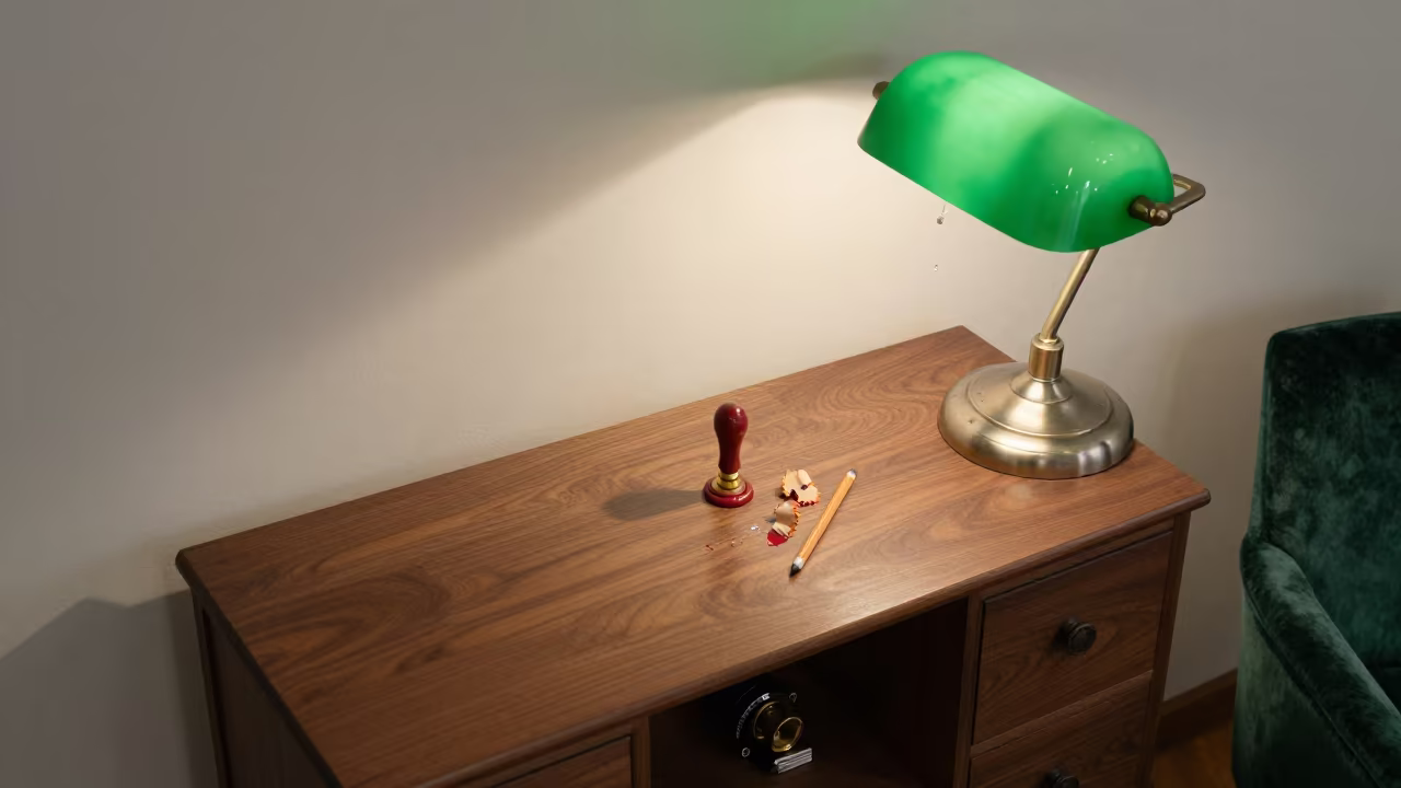 Wax Seal Stamp on Walnut Secretary with Green Lamp in on a velvet chair in Fukuoka