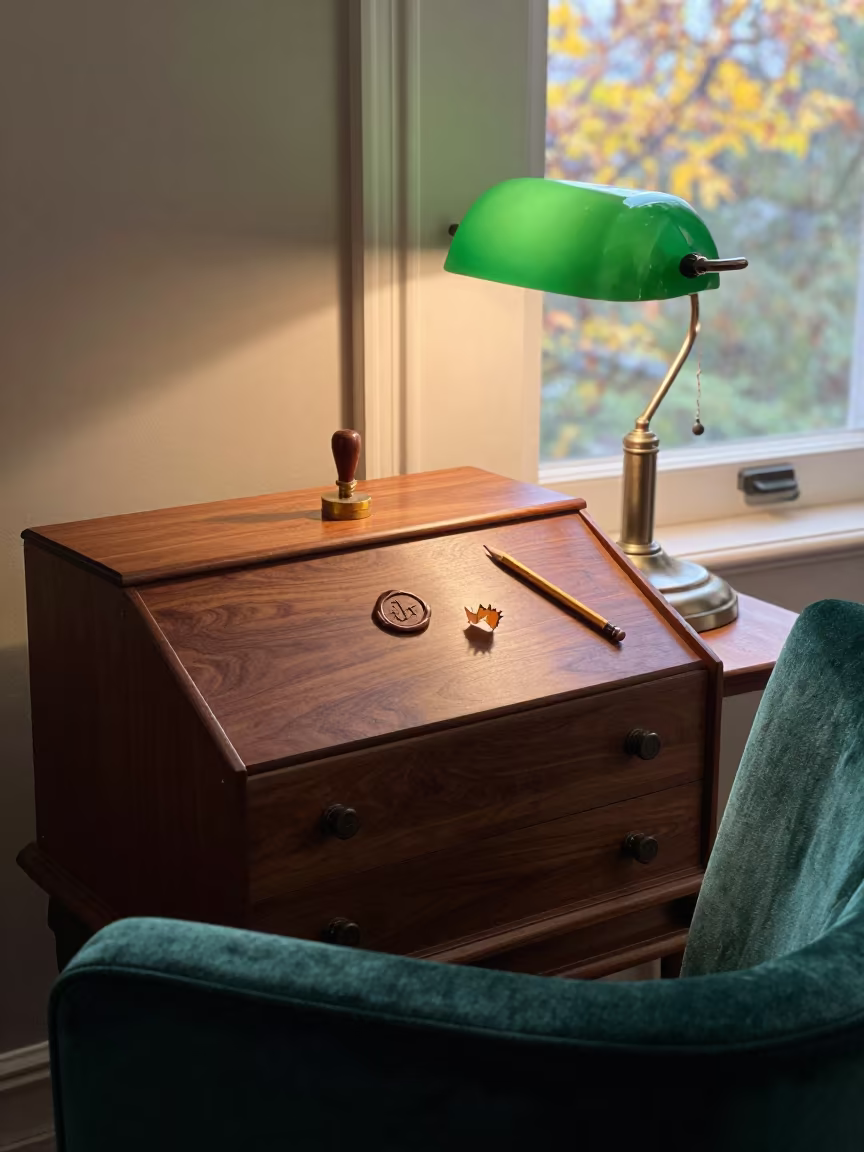 Wax Seal Stamp on Walnut Secretary in on a velvet chair in Sydney