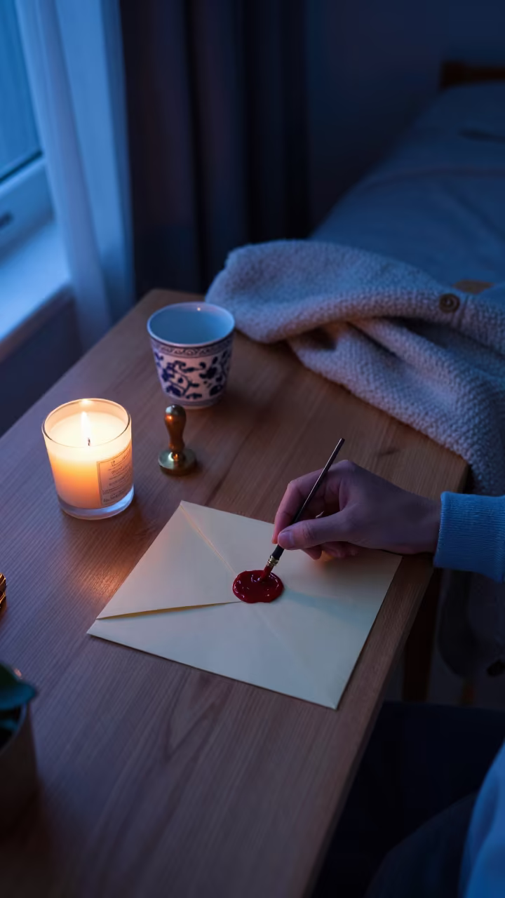 Wax Sealed Letter in Qingdao Bedroom in in a candlelit bedroom in Qingdao