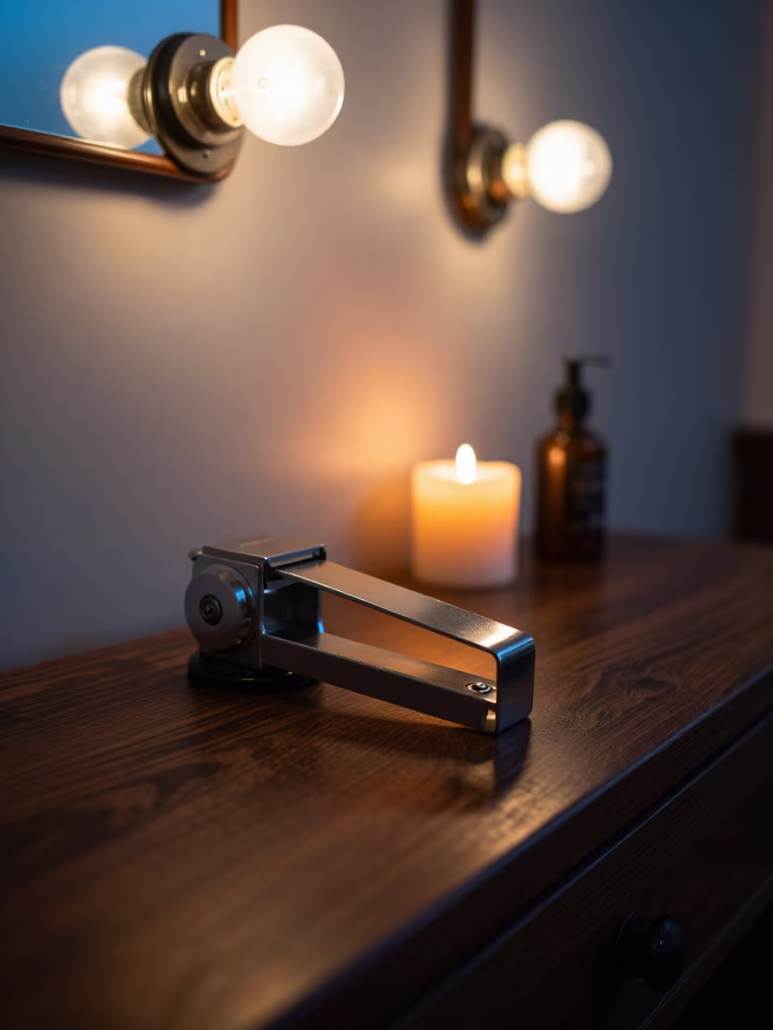 Wax Strip Cutter Rested on Barber Station in at a barber station beneath mirror bulbs in Varosliget, Budapest