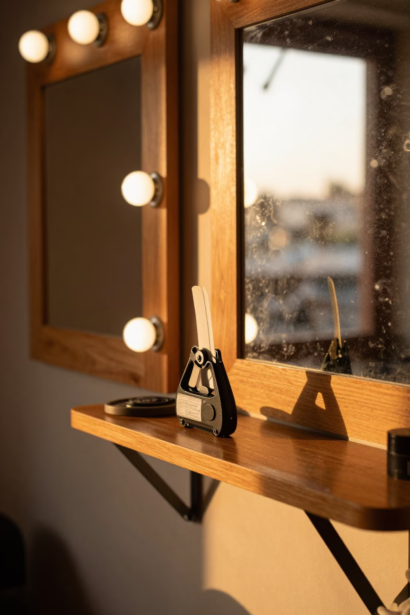 Wax Strip Cutter Shelf at Sunset in Qena in at a barber station beneath mirror bulbs near Qena