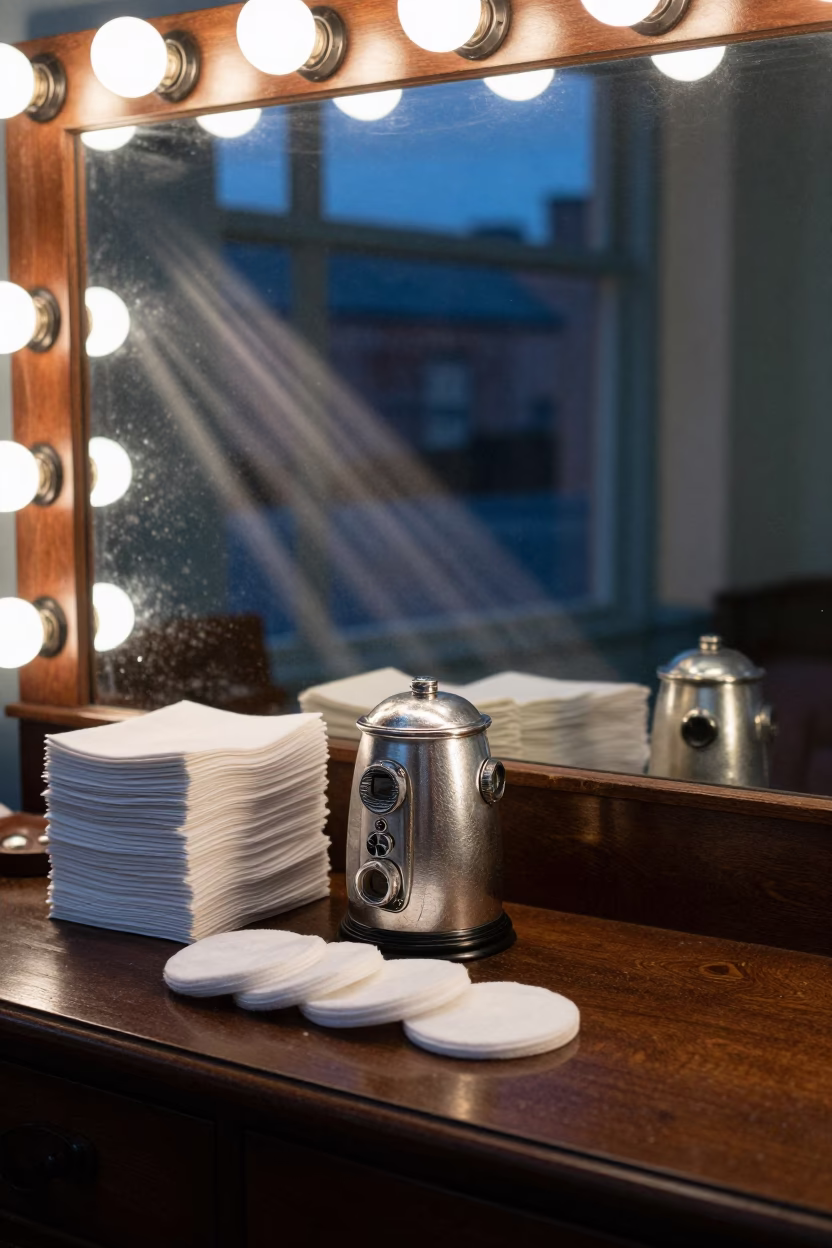 Wax Warmer and Cotton Pads at Dundee Barber in at a barber station beneath mirror bulbs near Dundee