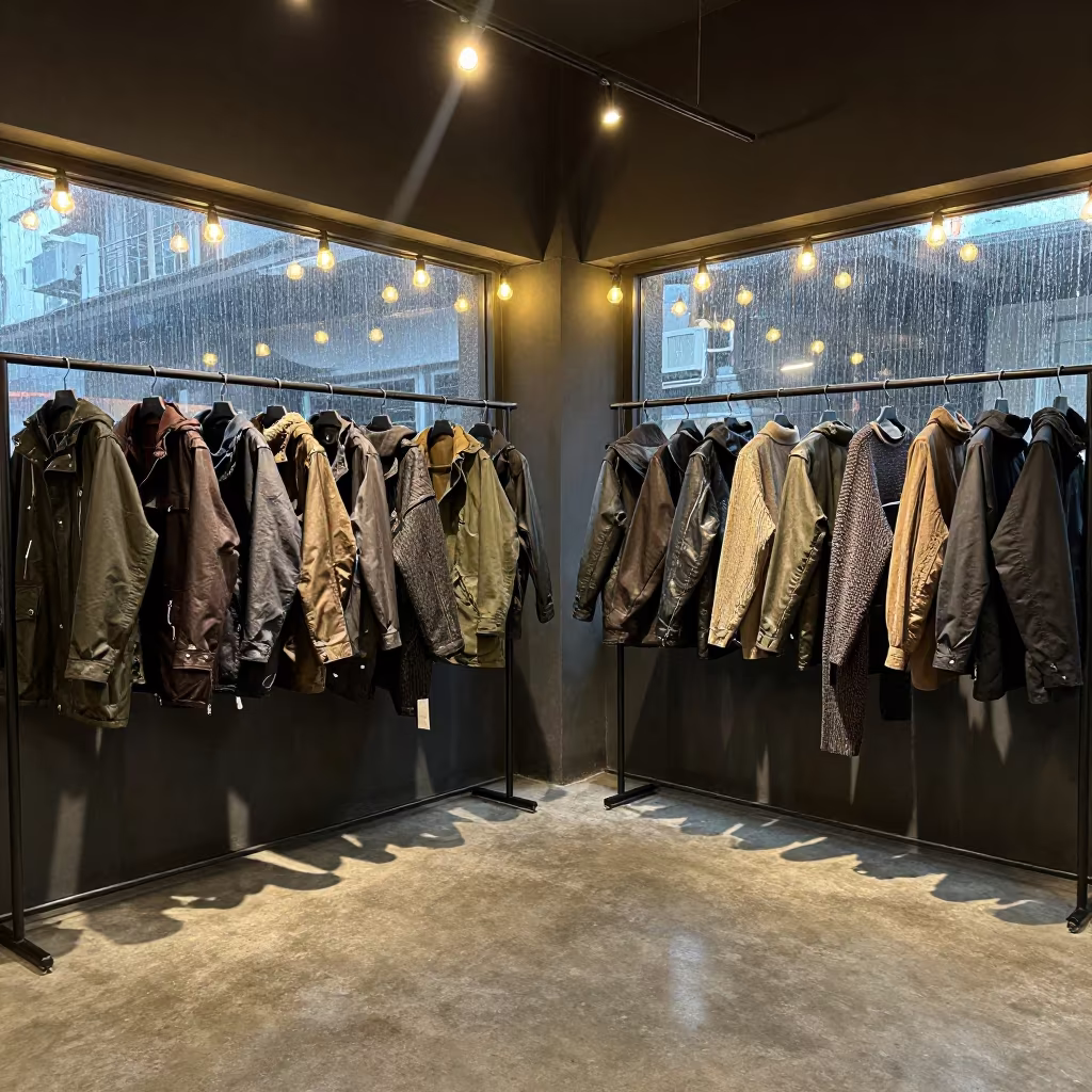 Waxed Parkas in Rainy Season Showroom in inside a minimalist showroom near Pune