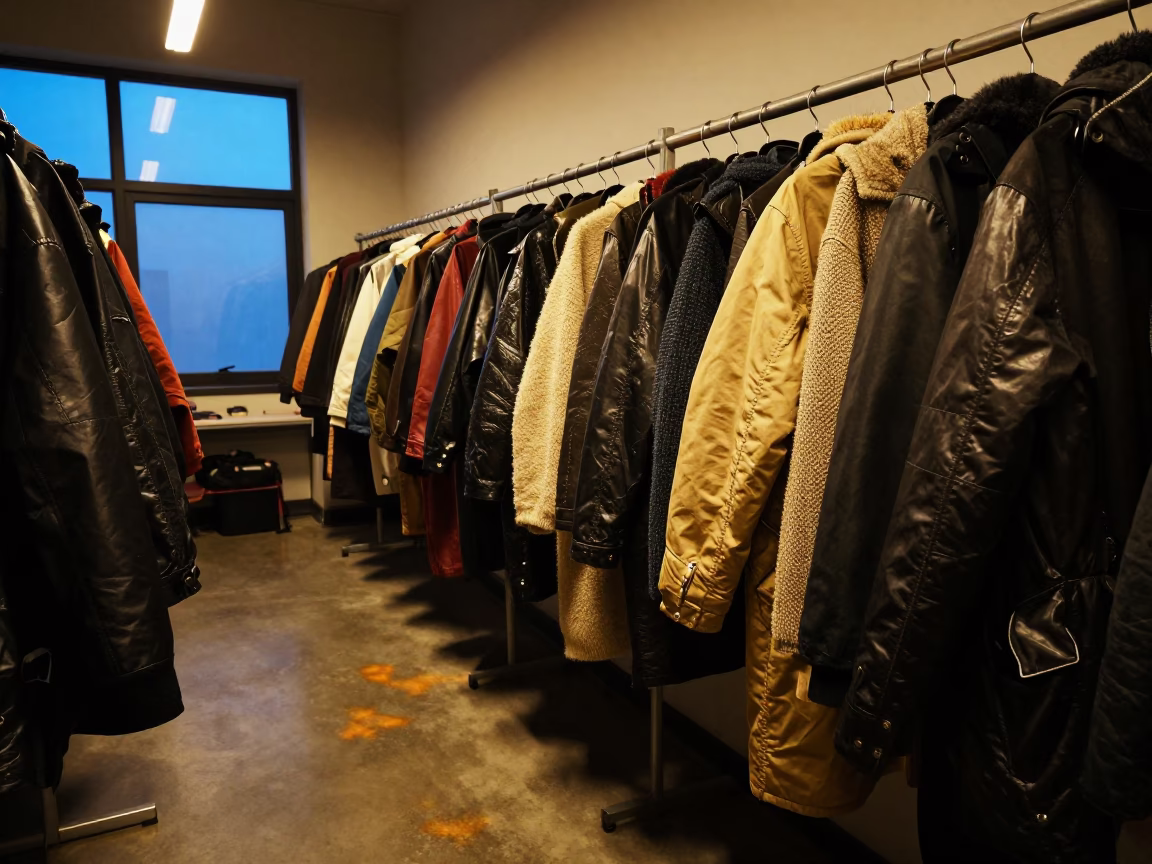 Waxed Parkas in Rason Backstage Corridor in in a backstage changing corridor in Rason