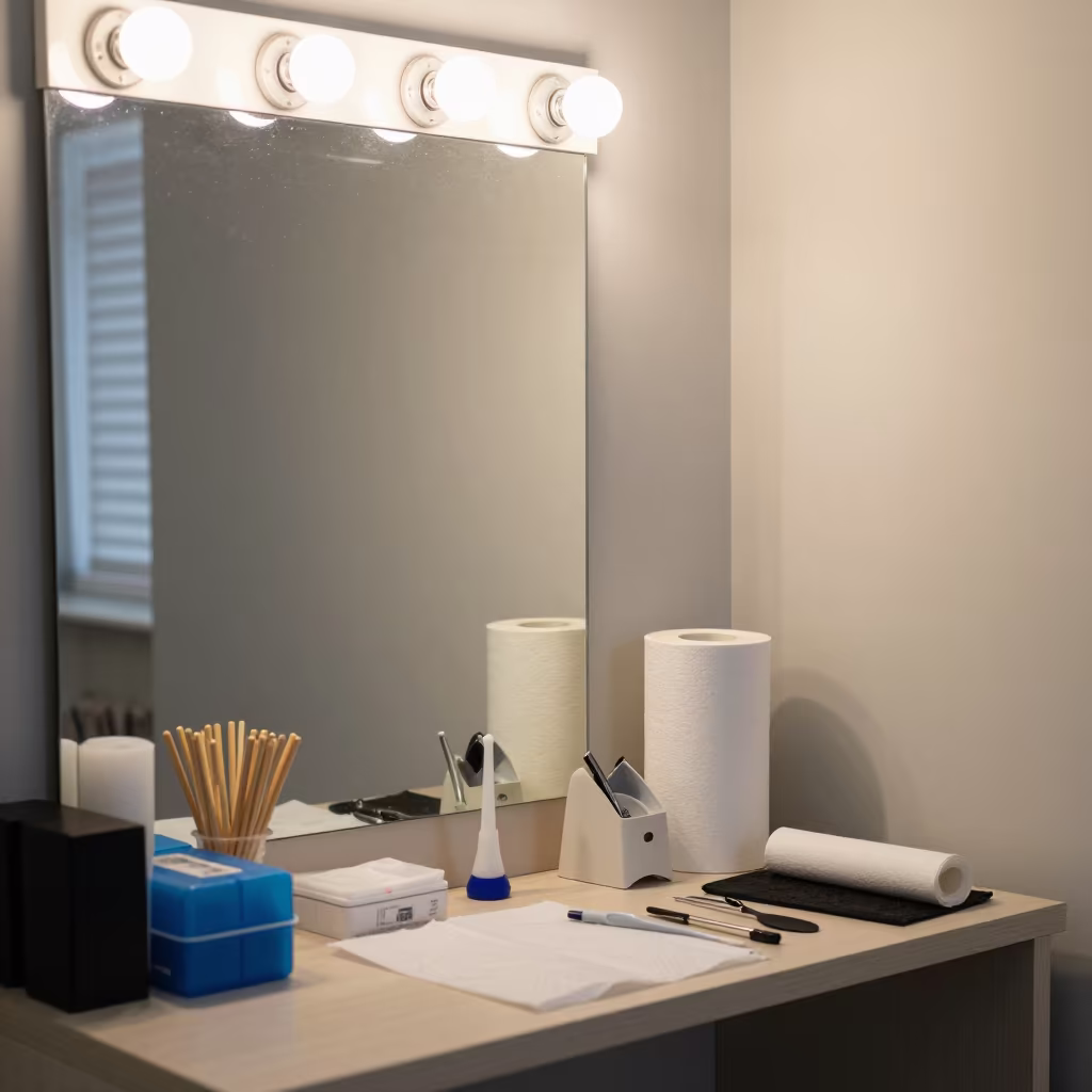 Waxing Station Tools Under Mirror Bulbs Shymkent in at a barber station beneath mirror bulbs in Shymkent