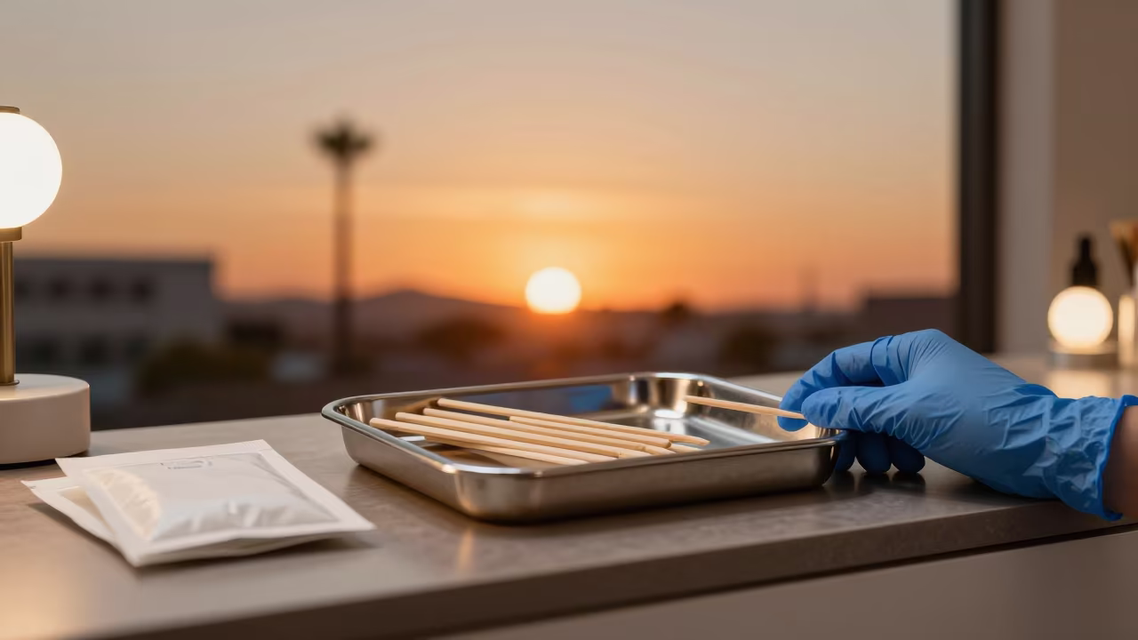 Waxing Tray With Sticks Gloves Packets in Amber Light in inside a salon row near Phoenix