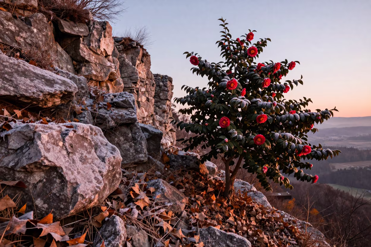 Waxy Camellia on Frosty Piedmont Cliff in along a salt-sprayed cliff edge in Piedmont