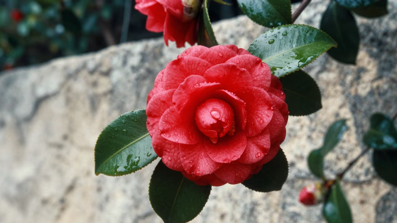 Waxy Red Camellia Flowers on Salt Spray Cliff India in along a salt-sprayed cliff edge in India